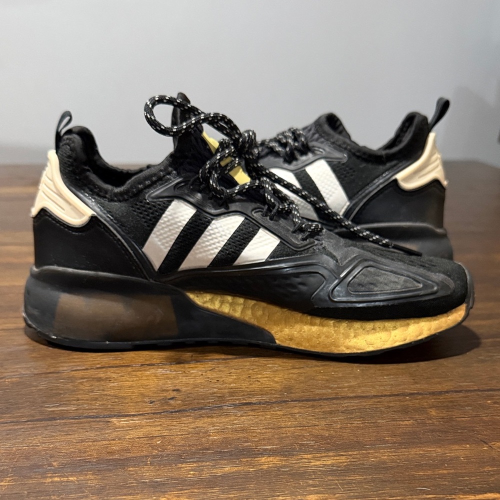 adidas ZX 2K Boost Black Sneakers with White Stripes and Gold Midsole